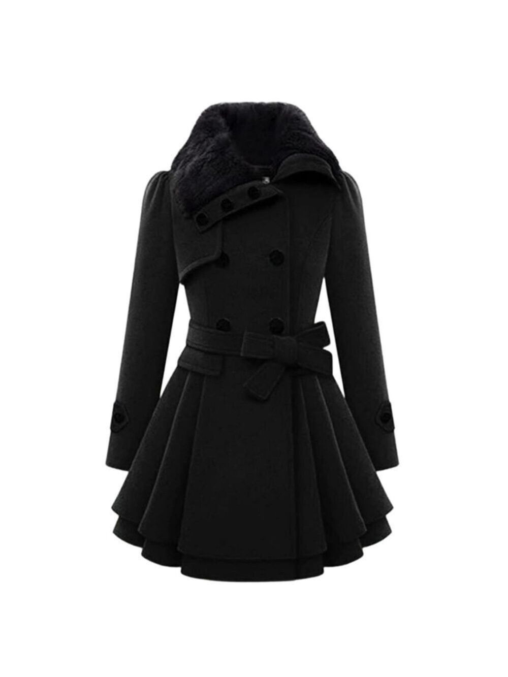 BLACK FAUX FUR COLLARED DOUBLE BREASTED FLARE BOTTOM TRENCH COAT MEDIUM NWT